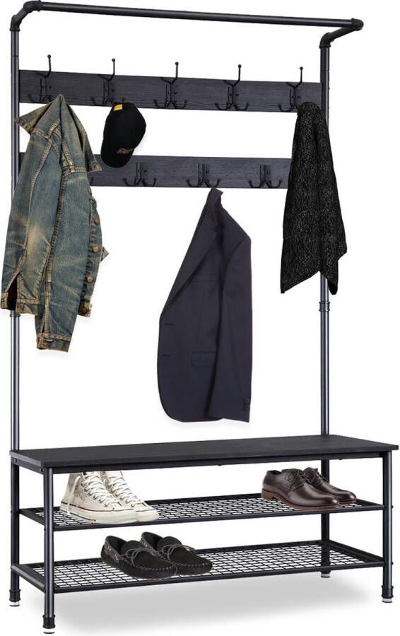 Goliving Kapstok XL – Garderoberek – Schoenenrek – Staand – Industriële kast – Metaal Hout – 100 x 41.5 x 182 cm – Zwart
