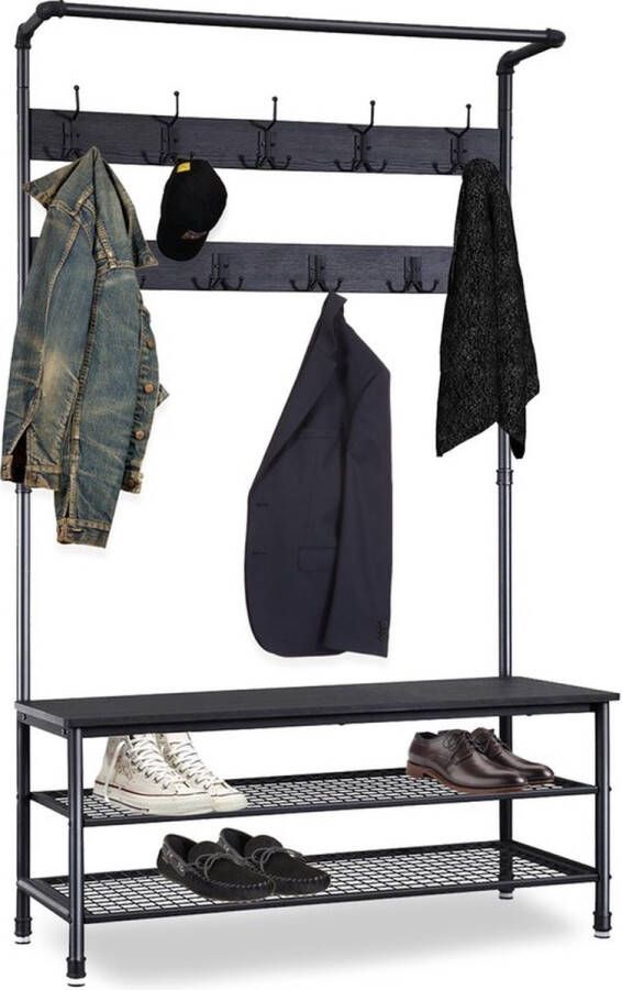 Goliving Kapstok XL – Garderoberek – Schoenenrek – Kledingrek – Staand – Industriële kast – Metaal Hout – 100 x 41.5 x 182 cm – Zwart - Foto 2