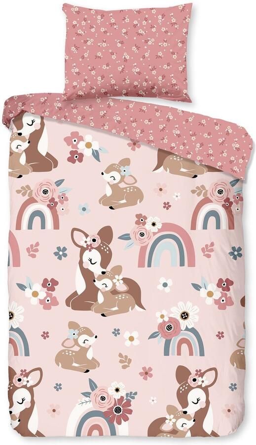 Good Morning Ledikant babydekbedovertrek bambi hert met regenboog Roze (100x135 cm) Katoen