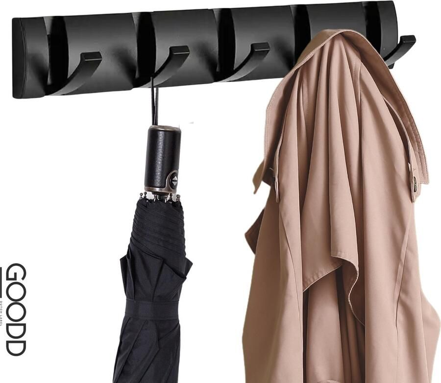 BaderiQ Jashaak Kapstok Handdoekhaak Orleans mat zwart 5 uitklapbare haken schroeven of plakken vocht en vuilbestendig Rvs Dubbele mat zwarte coating - Foto 2