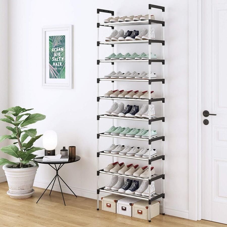 Goodivery 10 verdiepingen zilver verstelbare schoenenrek schoenenopslag hoog schoenenrek organizer rek houder voor 30 paar schoenen 56 x 30 x 170 cm extra robuuste constructie