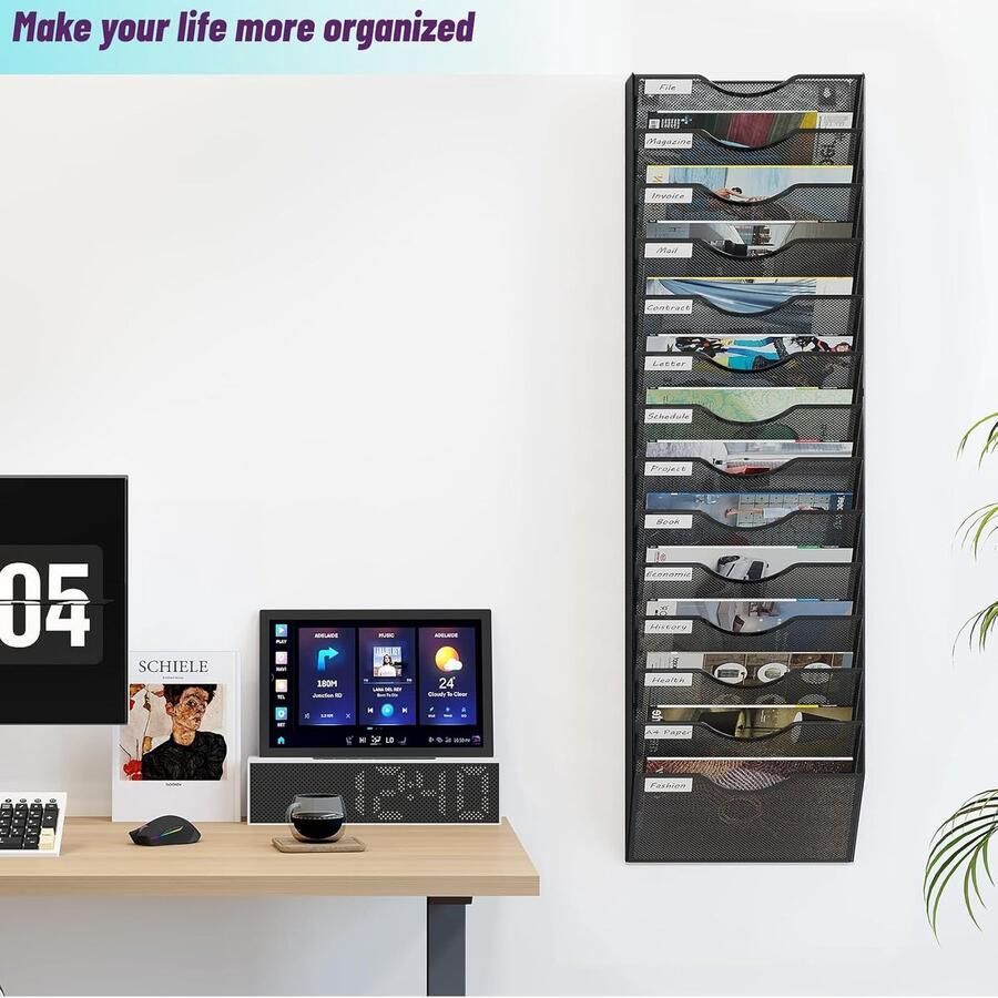 Goodivery 14 vakken krantenhouder wand mesh brochurehouder wand wandkrantenrek met label hangende organizer voor kantoor wandorganizer home magazine wandhouder zwart