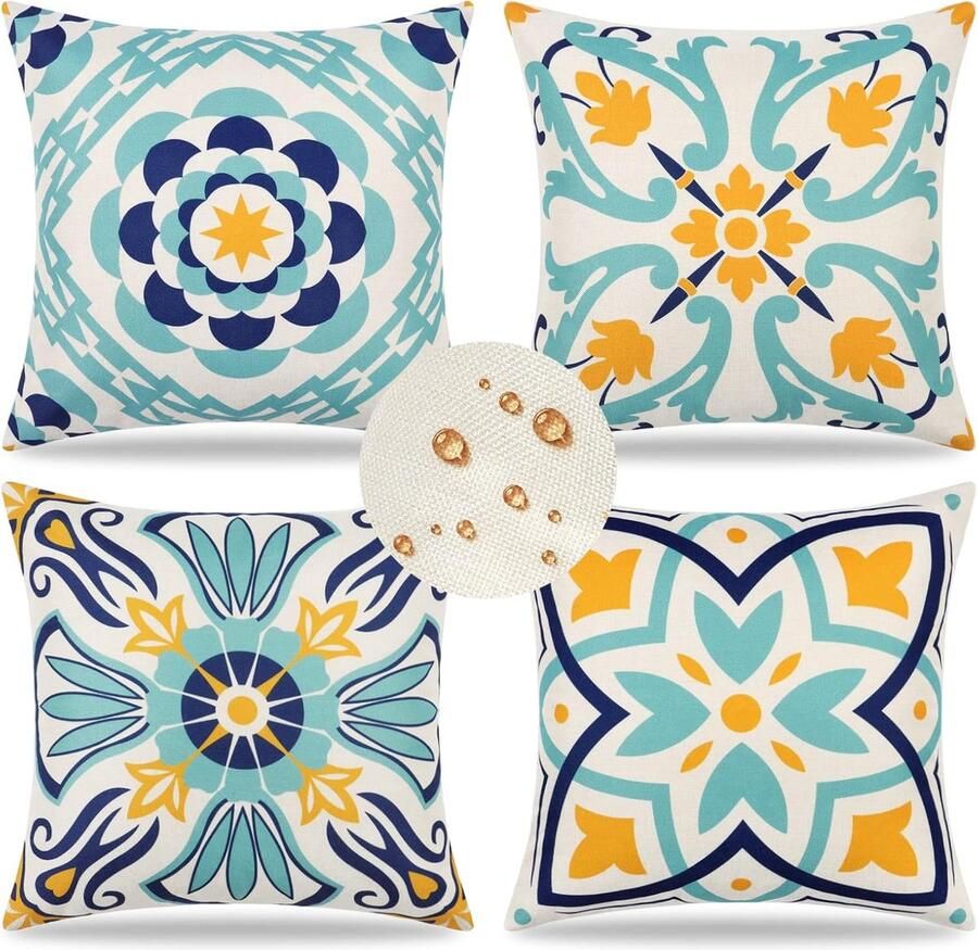Goodivery 4 stuks waterdichte kussenhoezen 45 x 45 cm boho abstract bankkussen waterdicht sierkussen blauw bloemenprint tuinkussen kussenhoes voor bank bed auto balkon terras