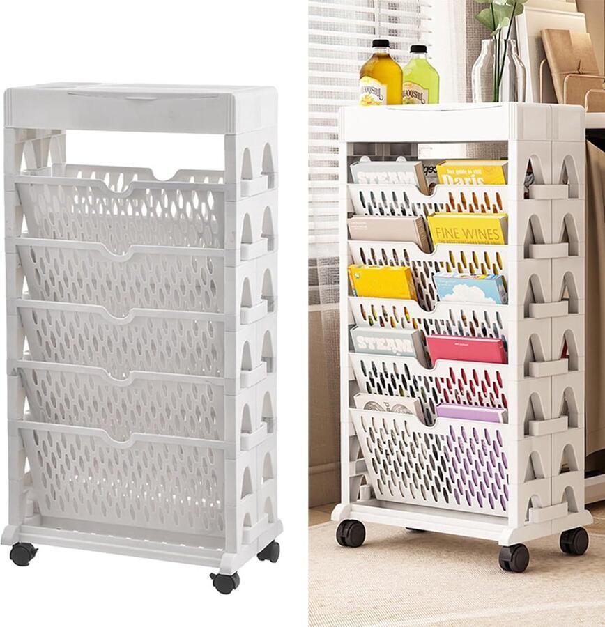 Goodivery 5-laags boekenrek voor kinderen beweegbaar boekenrek op wielen boekenorganizer dubbel boekenkast 37 x 19 x 73 5 cm voor woonkamer werkkamer kinderkamer