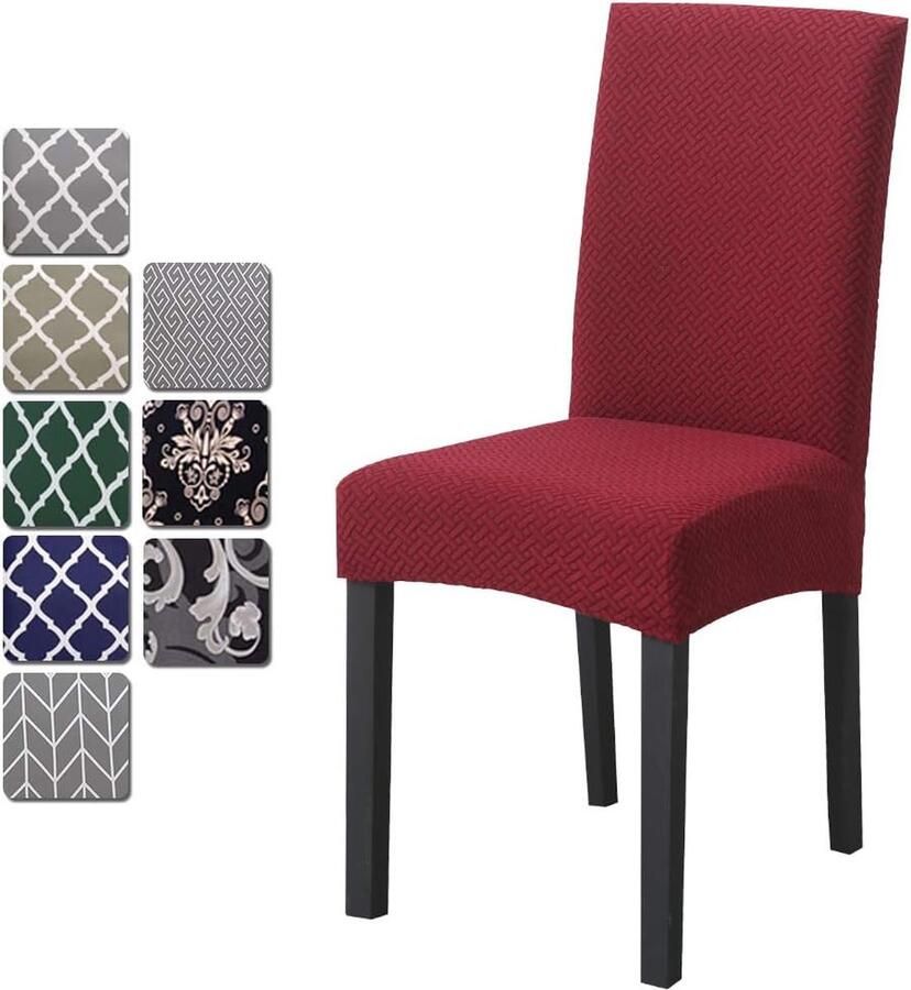 Goodivery 6 stuks universele stretch stoelhoezen jacquardhoezen afneembare wasbare stoelhoezen stretch stoelbekleding modern voor banketdecoratie en bruiloftsfeesten (wijnrood)