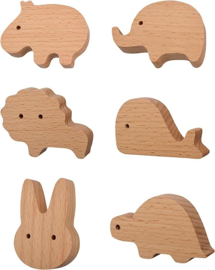 Goodivery 6 stuks wilde dierenhandgrepen beukenhout konijn nijlpaard schildpad leeuw walvis olifant vorm handgrepen voor kinderkamer kastknoppen decoratie