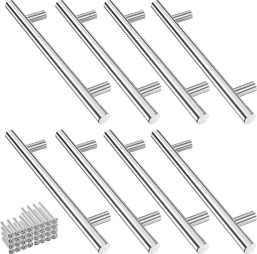 Goodivery 8 stuks roestvrijstalen keukengrepen zilver handgrepen voor keukenkasten deurgrepen gatafstand 128 mm ladegrepen met 32 schroeven ronde uitvoering meubelgrepen voor keuken laden