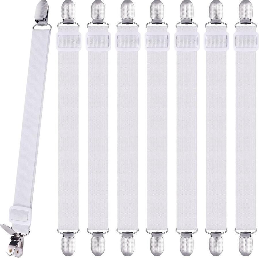 Goodivery 8 stuks verstelbare bedlakenspanners bedlakenspanner met metalen clips wit elastische lakenspanner voor beddengoed matras strijkplank of bank