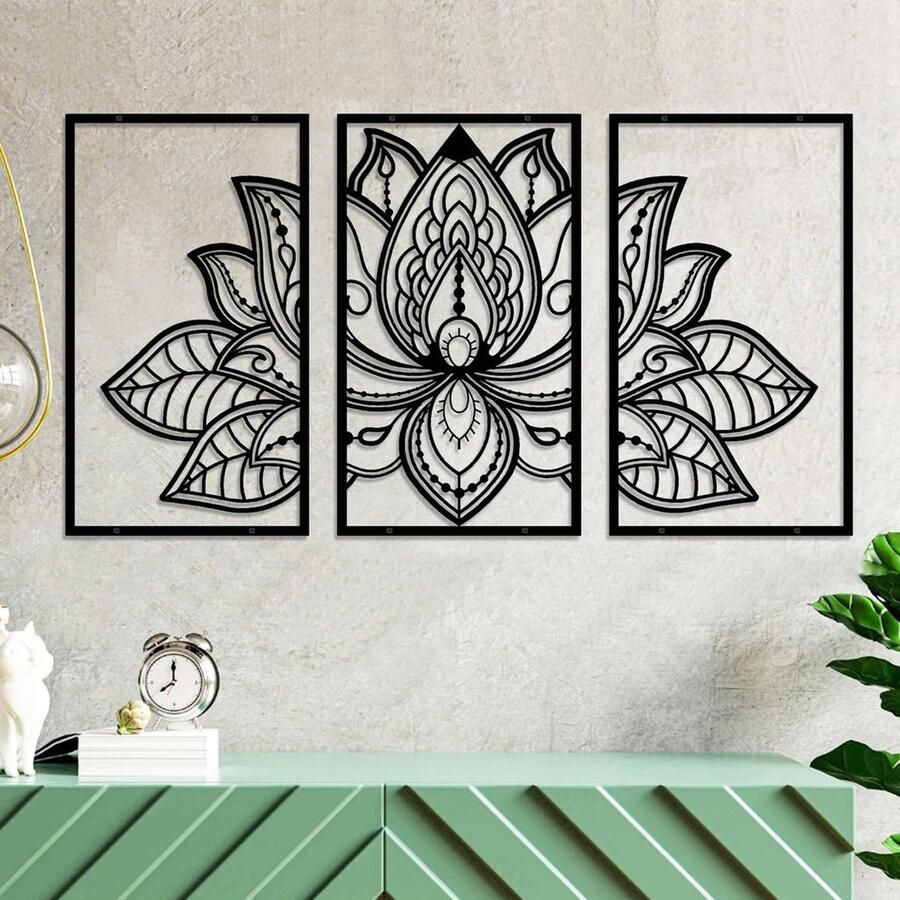 Goodivery Artistieke Lotus Bloem Metalen Muurdecoratieset voor Woonkamer Slaapkamer en Yoga Ruimtes