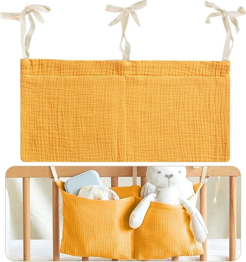 Goodivery Babybedorganizer kinderkamer hangende bedorganizer met 2 vakken organizer bijzetbed baby bedtas speelgoedtas opbergvakken voor bedden voor luiers kleding speelgoed (geel)