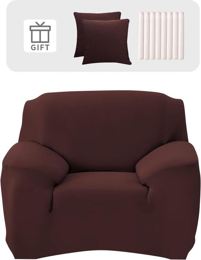 Goodivery Bankhoes 1-zits stretch bankovertrek elastische bankovertrek elastaan bankovertrek met 2 kussenslopen antislip wasbaar bankbescherming hoes koffie