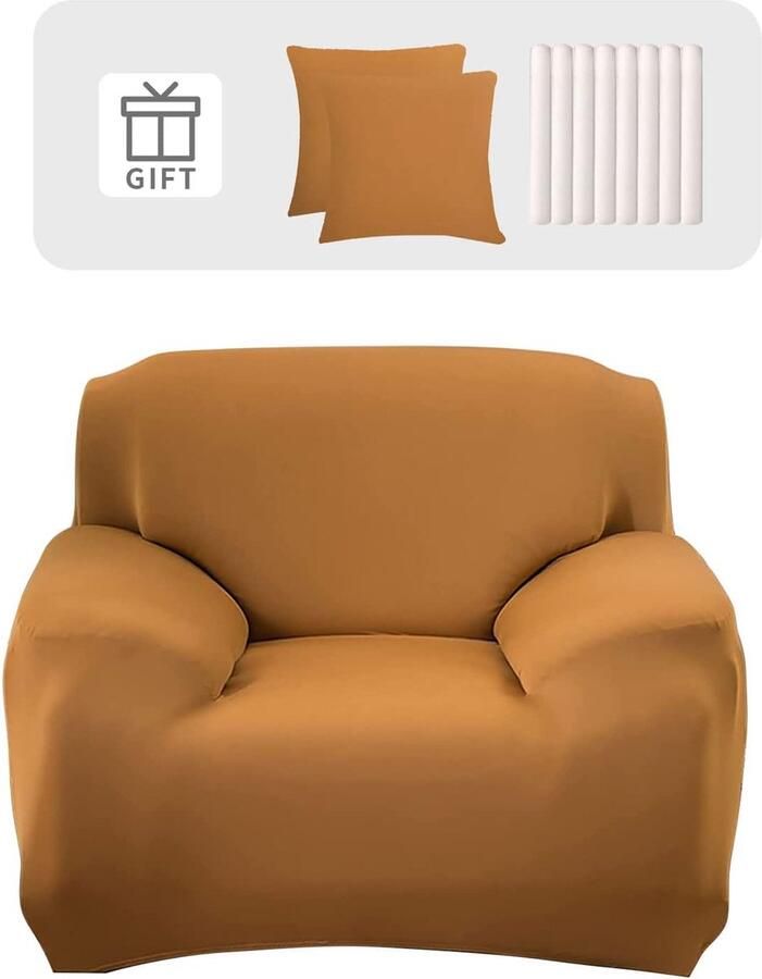 Goodivery Bankhoes 1-zits stretch bankovertrek elastische bankovertrek spandex bankovertrek met 2 kussenslopen antislip wasbaar bankovertrek camel