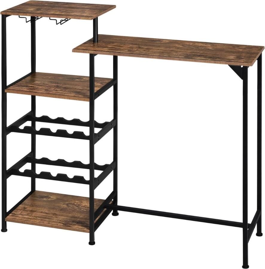 Goodivery Barmeubilair Statafel en Bistrotafel met 4 Planken 2 Glazen Houders Industriële Hoge Tafel 129 5x 38x 117cm- Vintage Bruin