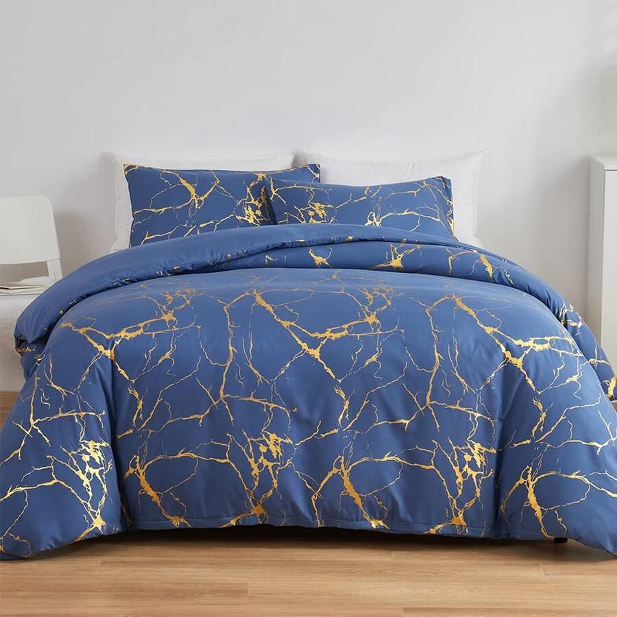 Goodivery Beddengoedset met Elegant Blauw en Gouden Marmerpatroon voor Stijlvol Eenpersoonsbed