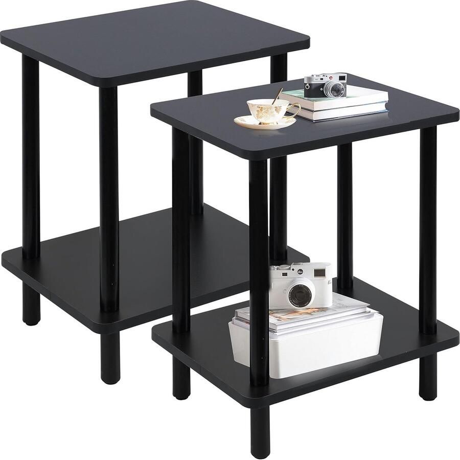 Goodivery Bijzettafel houten nachtkastjes met 2 niveaus salontafel voor slaapkamer 40 x 30 x 52 cm bijzettafel in de woonkamer nachtkastje in de slaapkamer zwart 2-pack