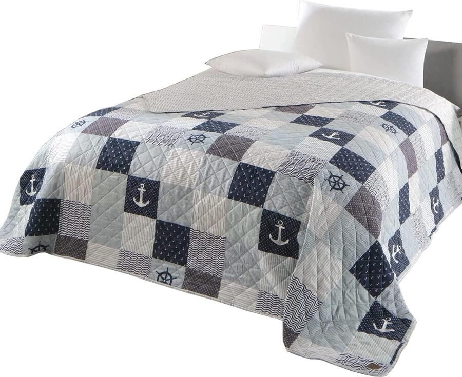 Goodivery Binnenhuisdecoratie Maritieme Stijl Sprei voor Tweepersoonsbed in Elegante Patchwork in Navy Blauw