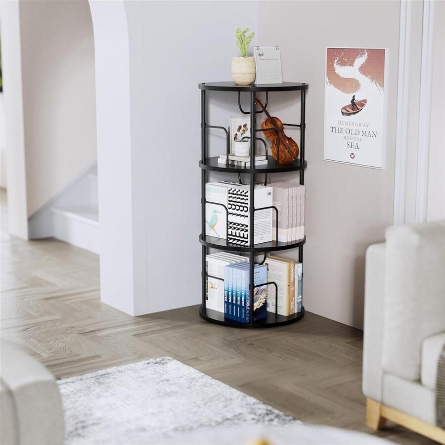 Goodivery Boekenkast 360° Draaibare Boekenkast Staande plank 3 niveaus 45D x 45W x 97H cm Zwart