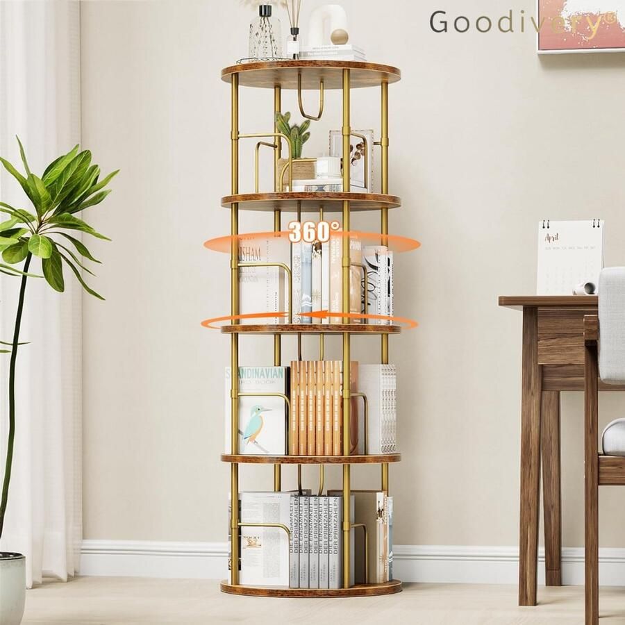 Goodivery Boekenkast 360° Draaibare Boekenkast Staande plank 4 niveaus 45D x 129W x 45H Vintage Bruin