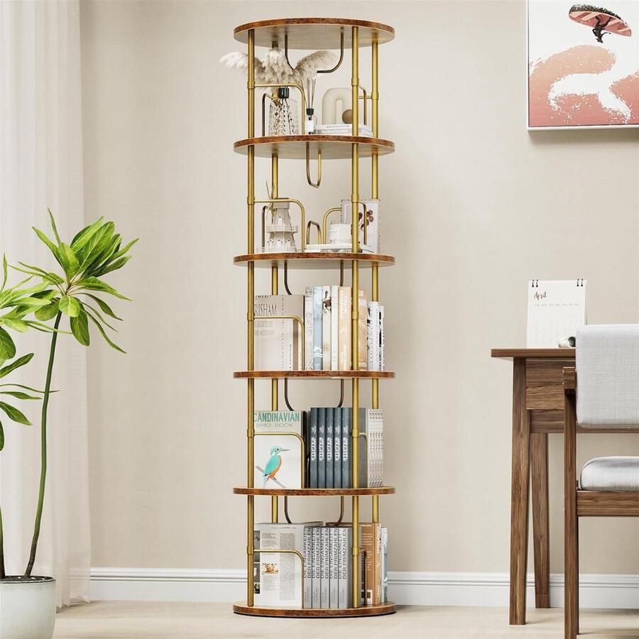 Goodivery Boekenkast 360° Draaibare Boekenkast Staande plank 5 niveaus 45D x 160W x 45H Vintage bruin