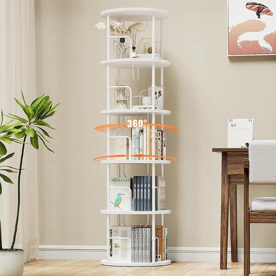 Goodivery Boekenkast 360° Draaibare Boekenkast Staande plank 5 niveaus 45D x 160W x 45H Wit