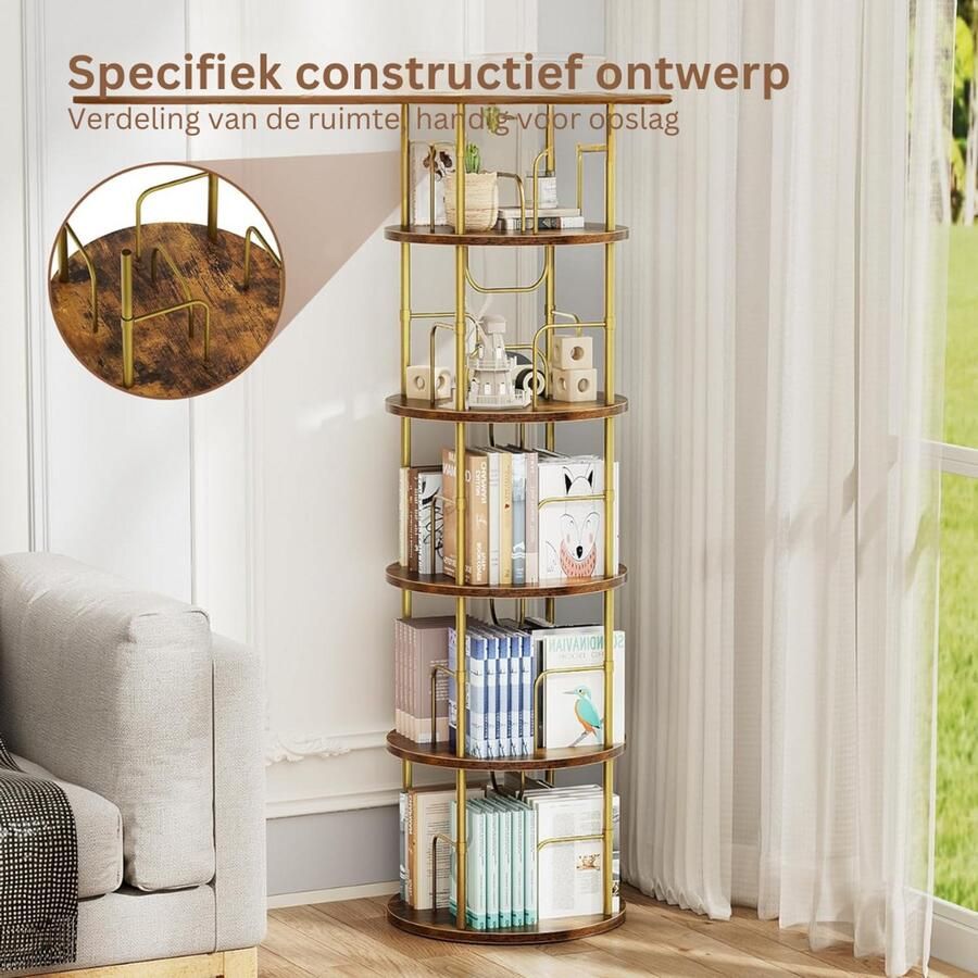 Goodivery Boekenkast 360° Draaibare Boekenkast Staande plank 5 niveaus 45D x 160W x 45H Vintage bruin - Foto 2