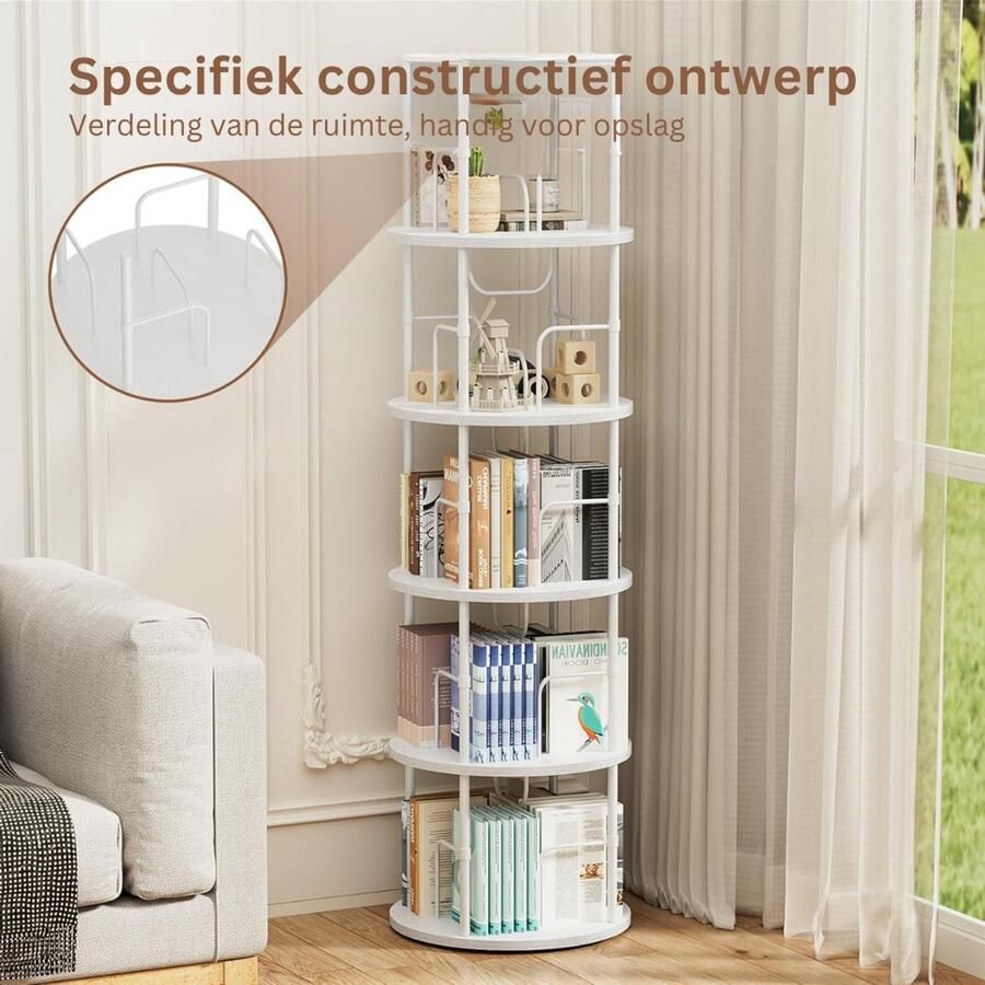 Goodivery Boekenkast 360° Draaibare Boekenkast Staande plank 5 niveaus 45D x 160W x 45H Wit - Foto 2