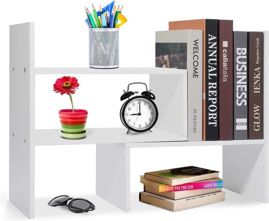 Goodivery Boekenkast klein bureau-organizer boekenkast hout verstelbaar boekenkast uittrekbaar staand rek voor kantoorbenodigdheden wooncultuur en keuken