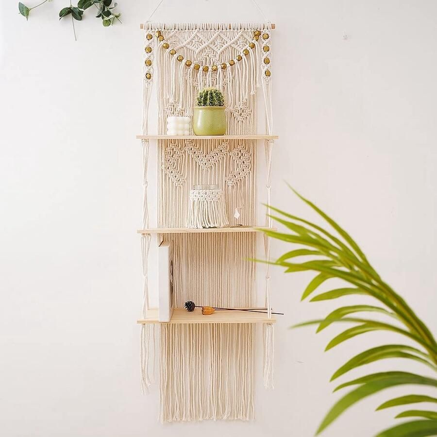 Goodivery Bohemian Stijl Handgemaakt Macramé Wandrek met Drie Niveaus voor Decoratieve Opbergoplossingen