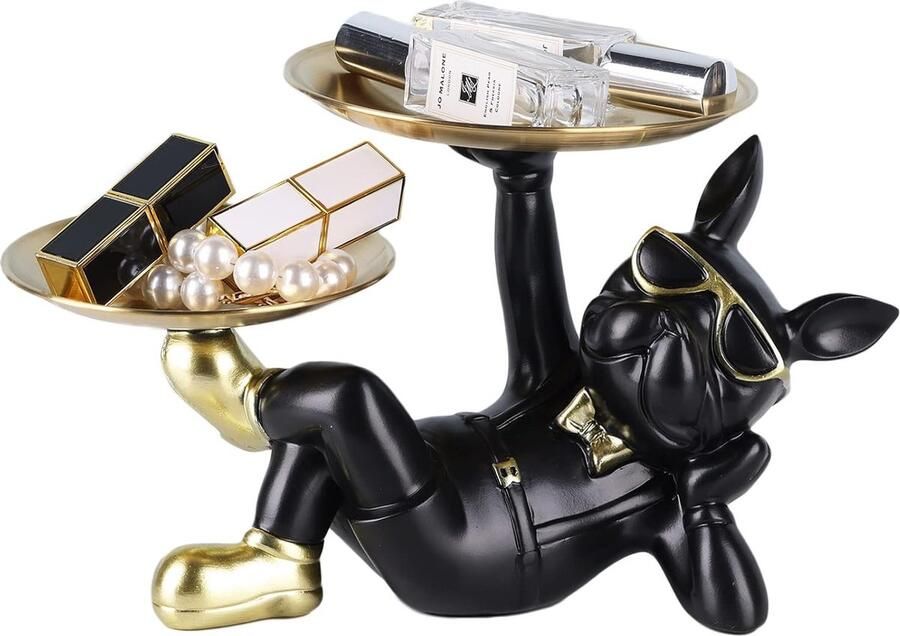 Goodivery Bulldog Butler Standbeeld met Twee Dienbladen Opslag Sleutelhouder Snoep Sieraden Oorbel Dienblad Geschikt voor Thuis Kantoor Eettafel Kleine Voorwerpen Dienblad Hond Sculptuur (Zwart)