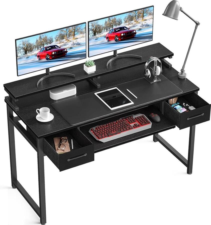 Goodivery Bureau met Lades en Verstelbaar Monitorplatform voor Thuiswerkplek 120 x 48 x 87 cm Zwart