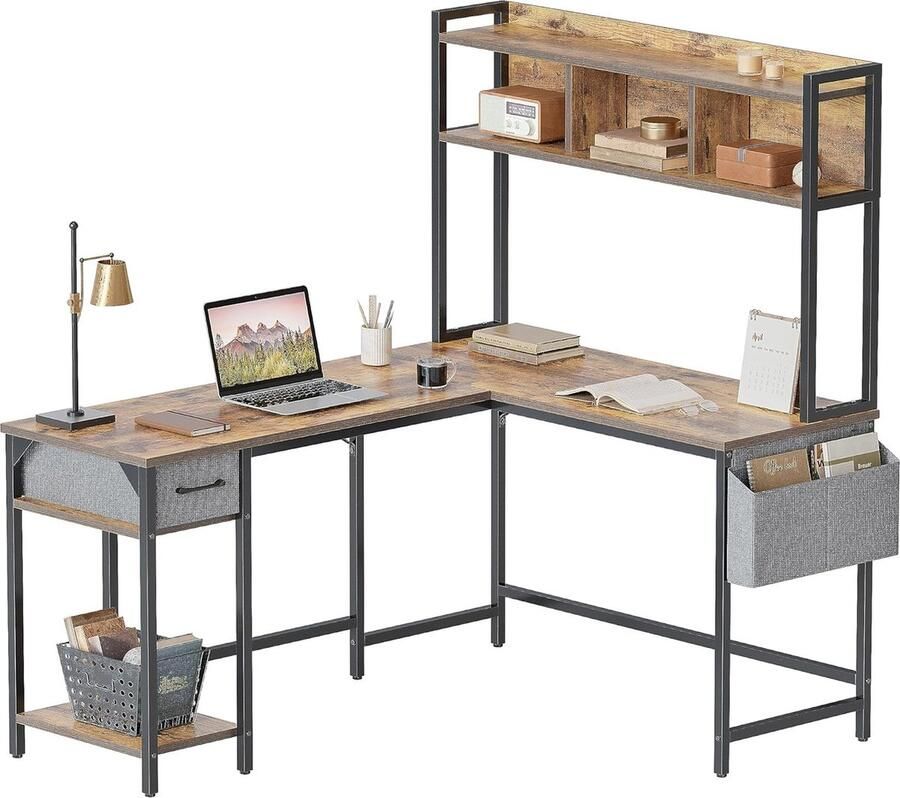 Goodivery bureau met stal hoekbureau thuiskantoor gamingtafel met planken ruimtebesparend bruin