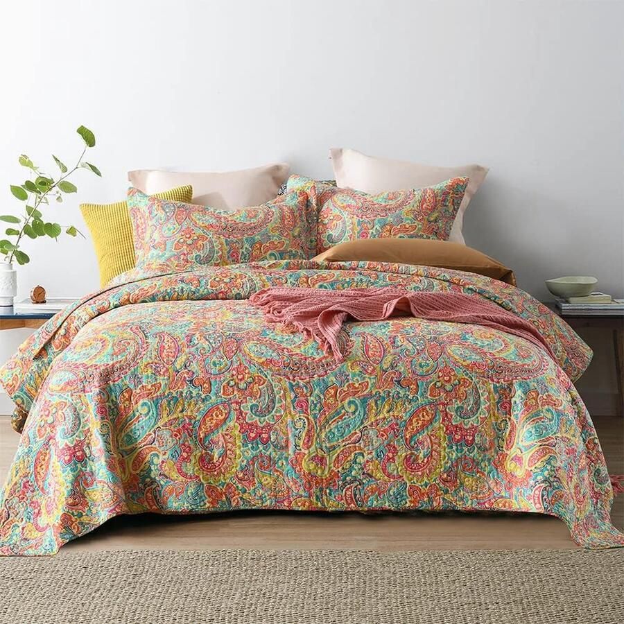 Goodivery Comfortabel Katoenen Bedsprei Set met Paisley Bloemenpatroon en Kussenslopen voor Tweepersoonsbed