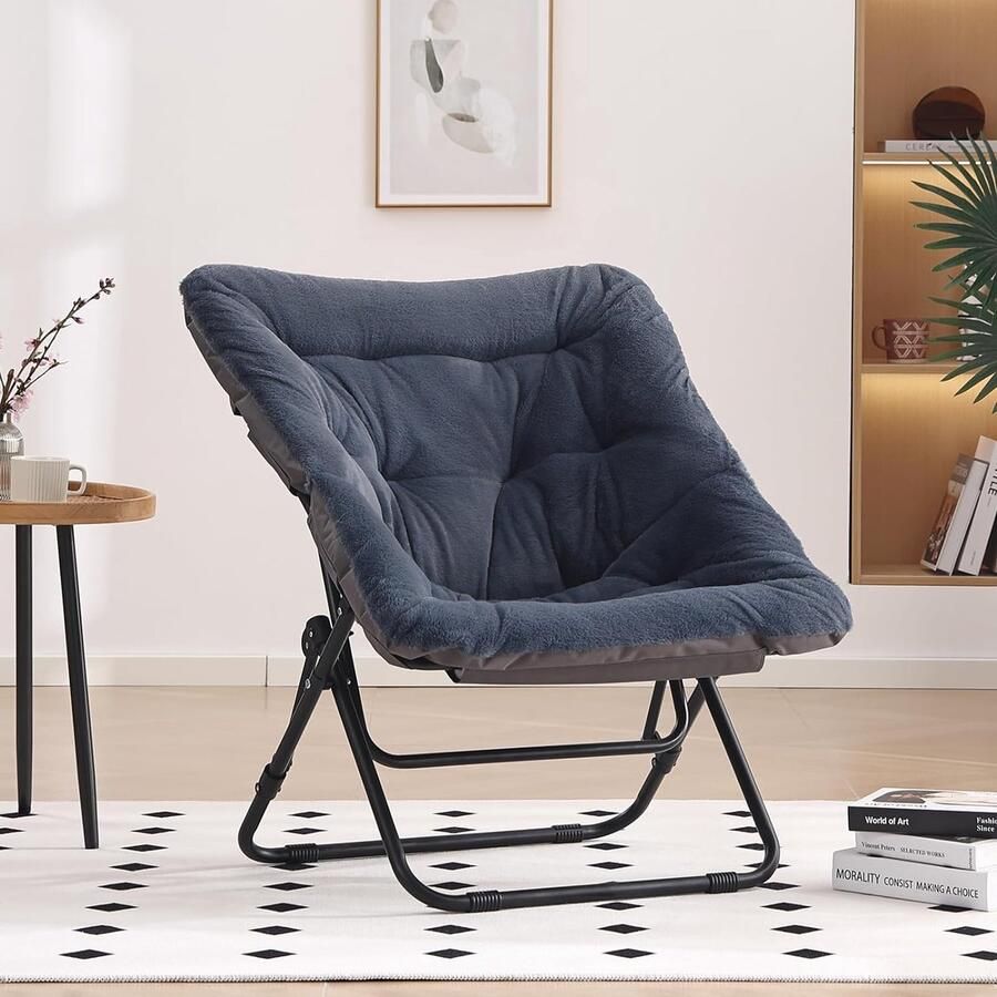 Goodivery Comfortabele Oversized Vouwbare Furry Loungestoel met Metalen Frame voor Slaapkamer en Woonkamer
