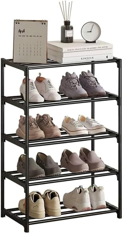 Goodivery Compact en Slank Schoenenrek voor Ruimtes Anti-Roest Stapelbaar en Veelzijdig Gebruik Zwart 4 niveaus
