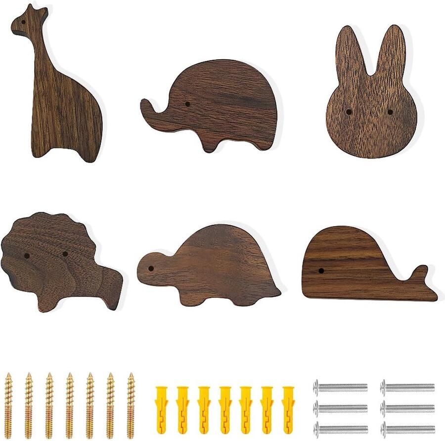 Goodivery Decoratieve Houten Handgreepset met Diermotieven in Zwart Walnoot voor Meubels 6 Stuks