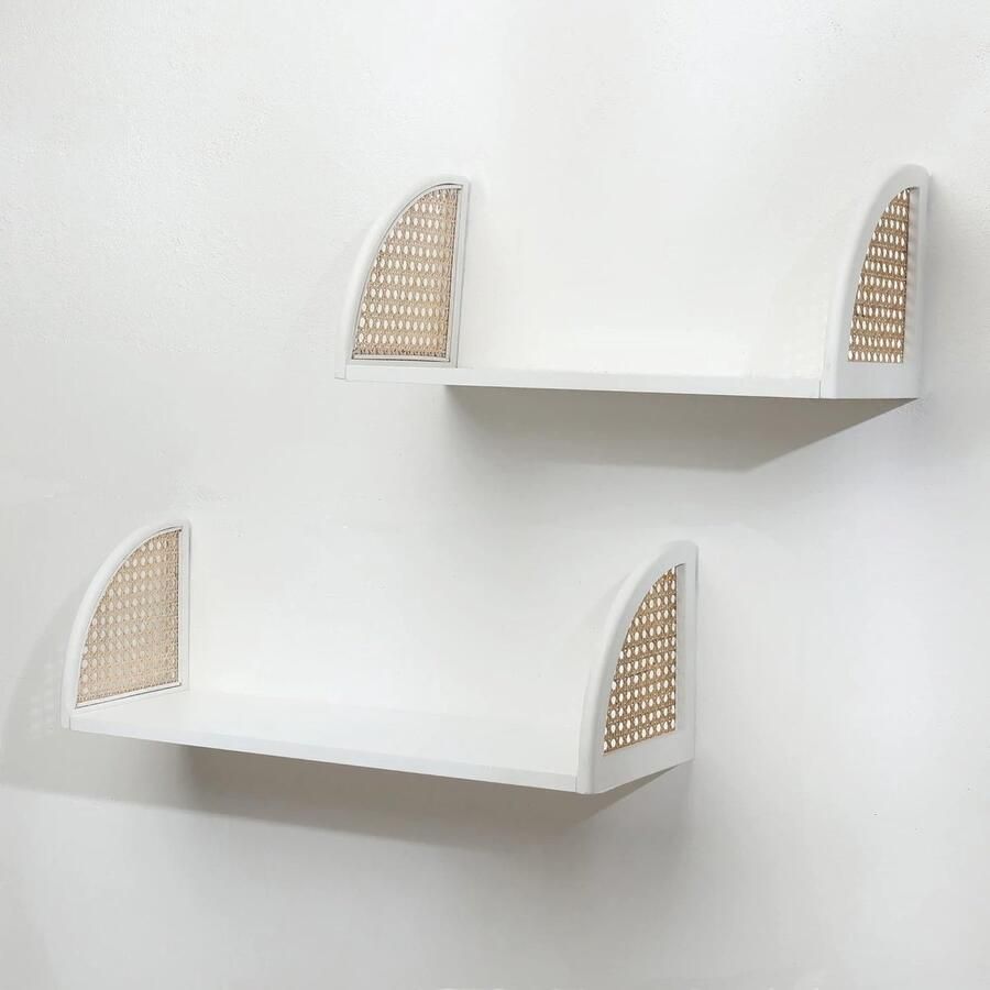 Goodivery Decoratieve Houten Wandplank met Rotan Set van 2 Zwevende Planken Wandmontage Rustieke Houten Plank Wit