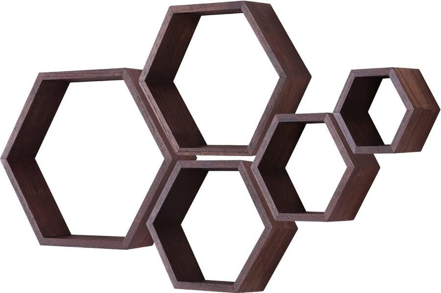Goodivery Decoratieve Houten Zeshoekige Wandplanken Set van 5 voor Slaapkamer en Woonkamer