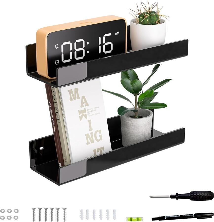 Goodivery Elegant en Functionele 30 cm Zwarte Wandschappen voor Huis Gebruik Set van 2