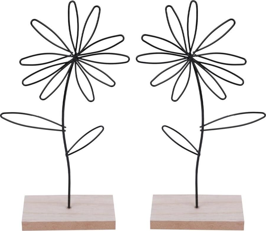 Goodivery Fantasierijke Metalen Bloemfiguren op Houten Voetstuk voor Bureau Decoratie Set van 2