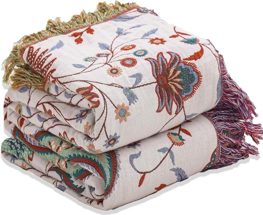 Goodivery Floraal Reversible Grote Boho Katoenen Deken voor Sofa Bed en Fauteuil 200x230cm