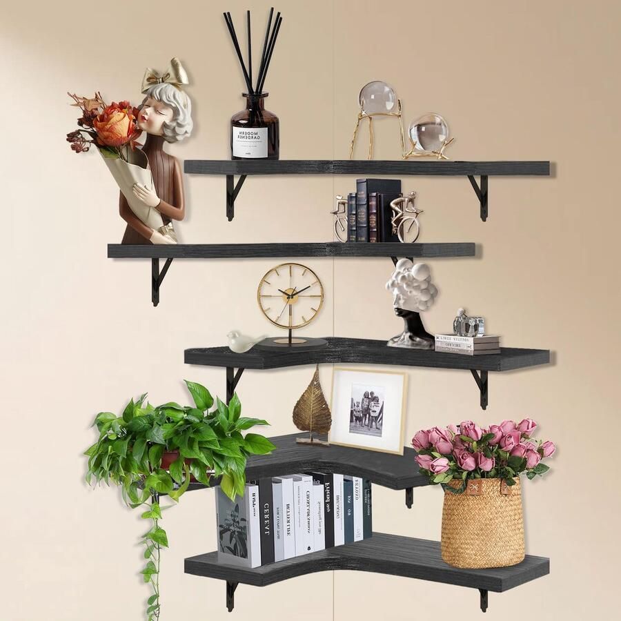 Goodivery Functionele Set van 5 Decoratieve Zwevende Houten Hoekwandplanken voor Kamers