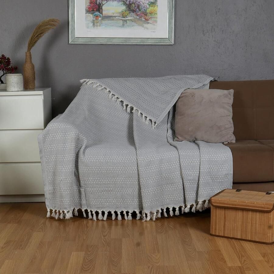 Goodivery Grijze Reversible Tweepersoons Bedsprei van Katoen voor Bank Stoel en Bed