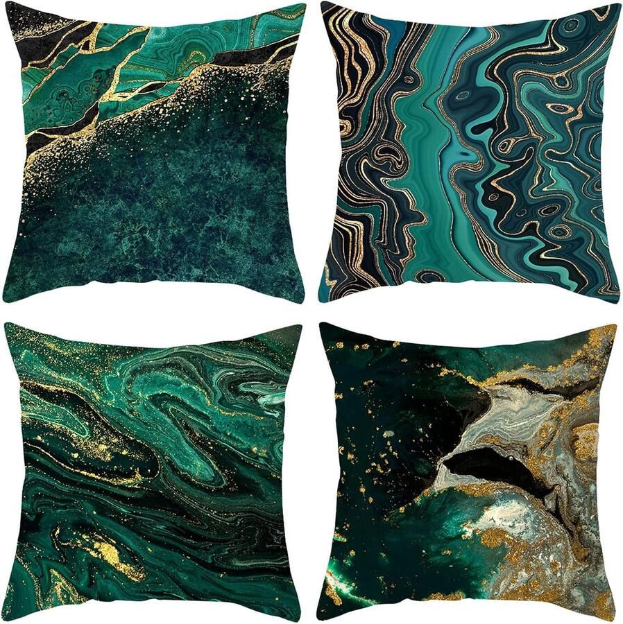 Goodivery groen marmeren kussenhoezen 45x45cm 4-pack groen goud abstracte kussenhoezen moderne decoratieve kussenhoezen voor slaapbank