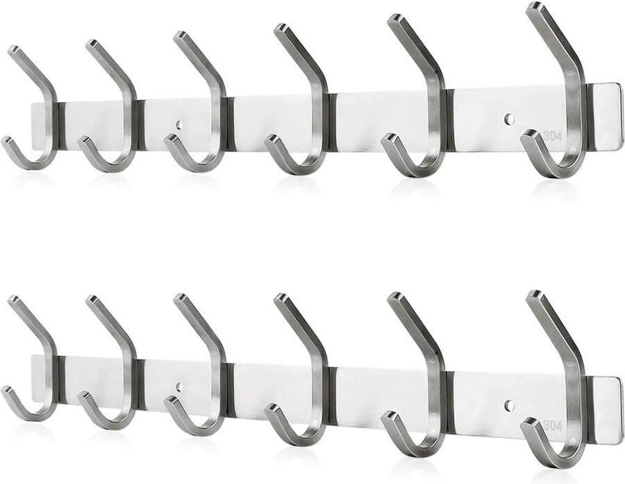 Goodivery Haaklijst roestvrij staal kledinghaken geborstelde look dubbele haken tot 30 kg belastbaar zilver 6 haken 2 stuks