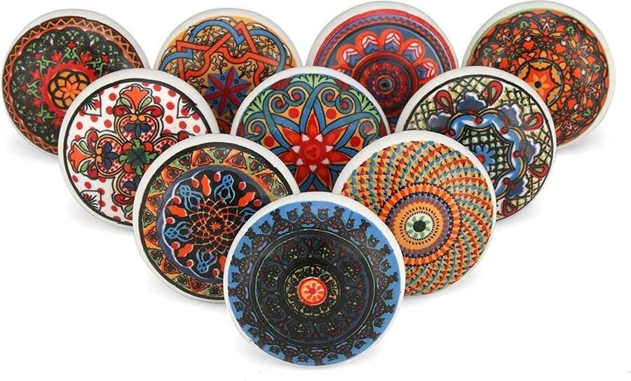 Goodivery Handgeschilderde Keramische Knoppen voor Kasten en Lades Set van 10 Mandala Ontwerp