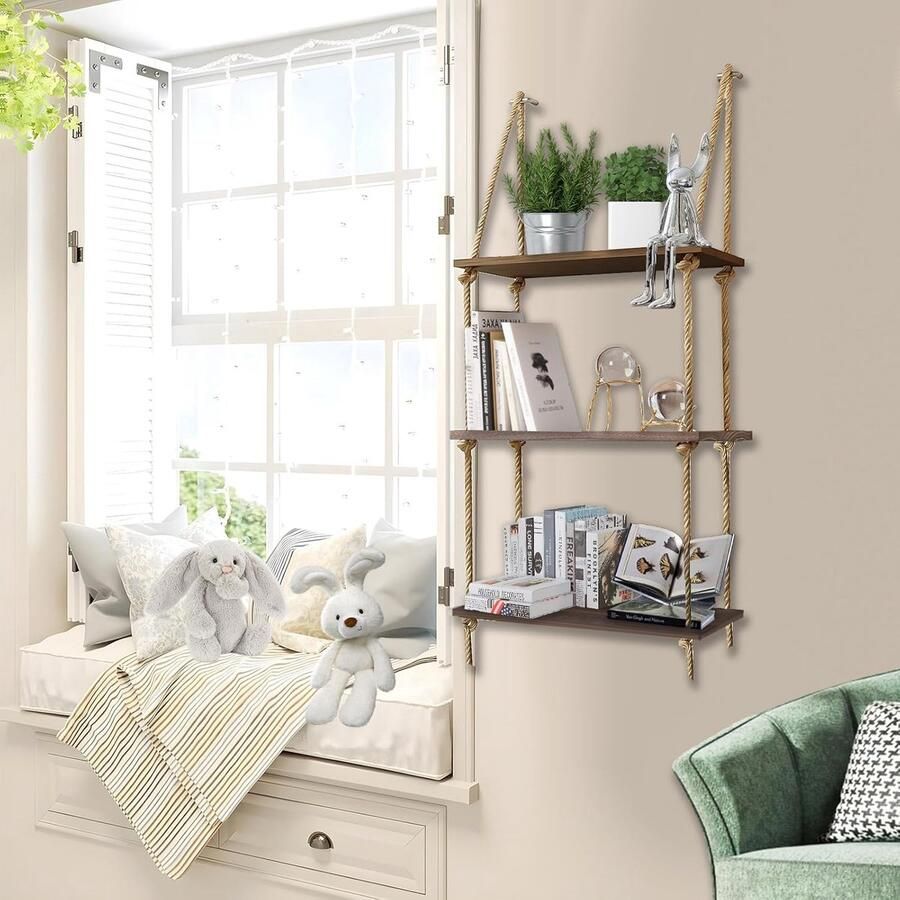 Goodivery Handgeweven Drievoudige Houten Wandplank met Boho Stijl en Katoenen Touw voor Elke Kamer