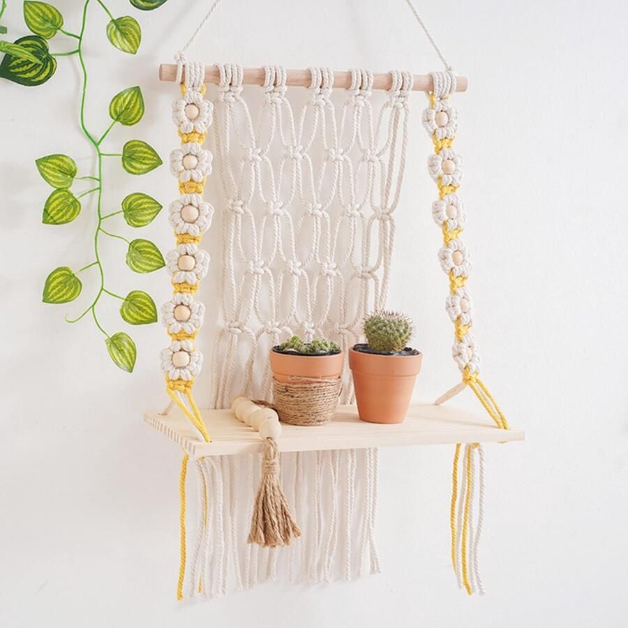 Goodivery Handgeweven Houten Macramé Wandhanger voor Stijlvolle Interieurdecoratie en Opbergruimte
