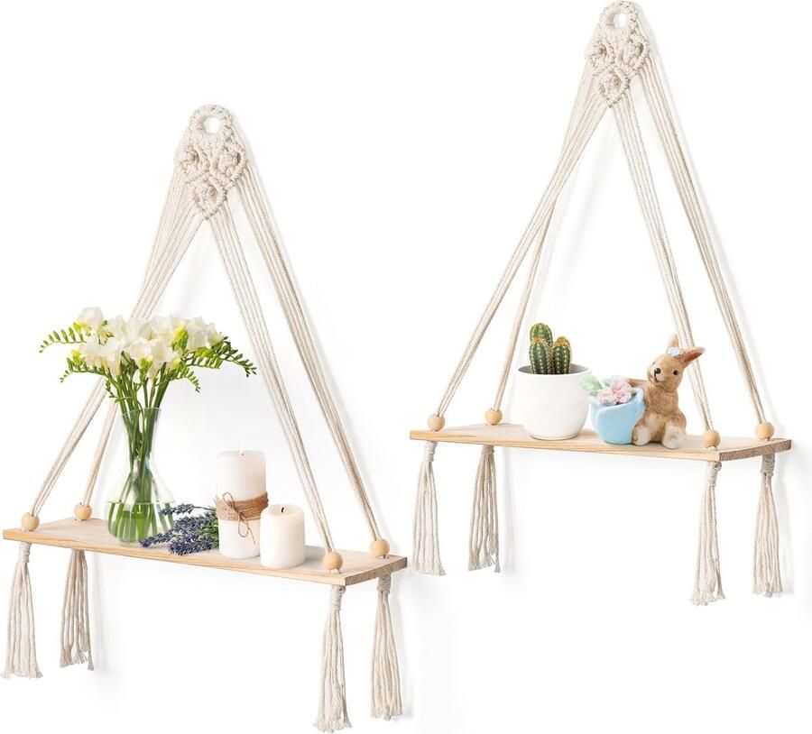 Goodivery Handgeweven Houten Macramé Wandplank Set voor Stijlvolle Interieurdecoratie