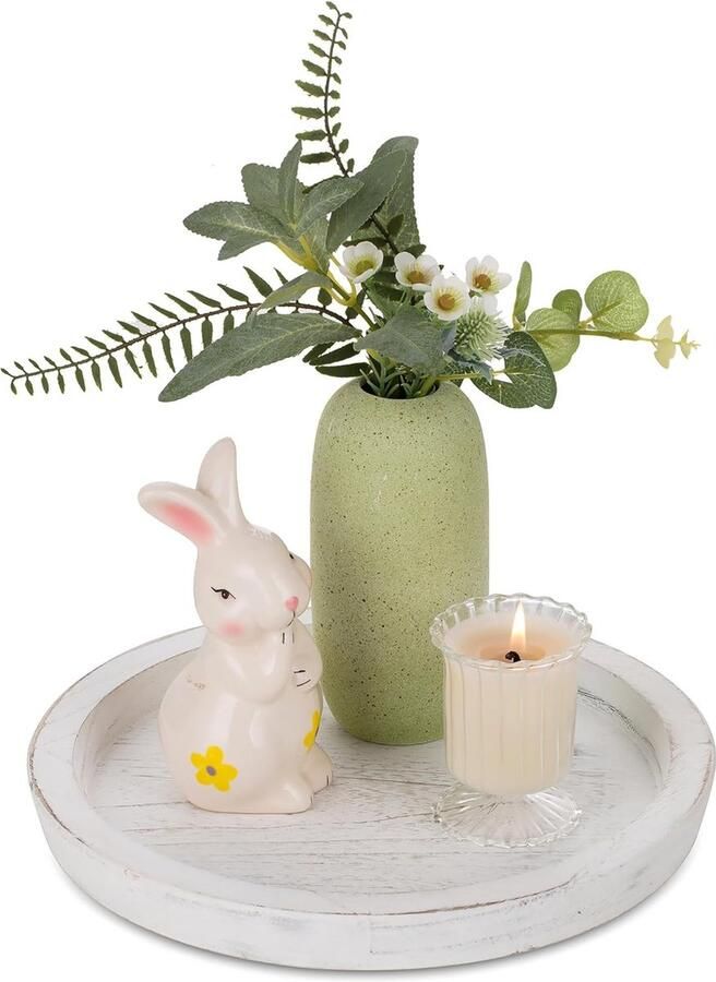 Goodivery Houten dienblad rond decoratief dienblad: rustiek wit dienblad hout vintage dienblad klein decoratief dienblad shabby rond dienblad voor kaarsen theelicht kaarsendienblad tafel theelichthouder