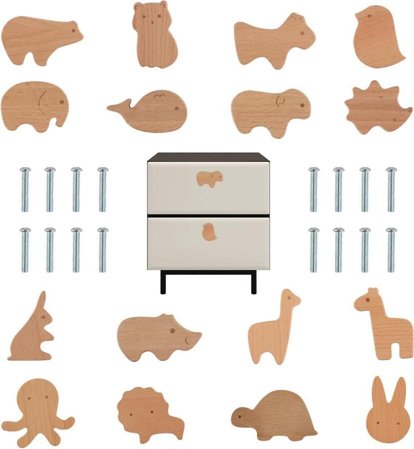 Goodivery Houten Dierenknoppen voor Kinderkamer Meubels 16 Stuks Unieke Kastknoppen